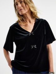 JD Williams Black Velvet Bow Front Angel Sleeve Top - Image 3 of 4