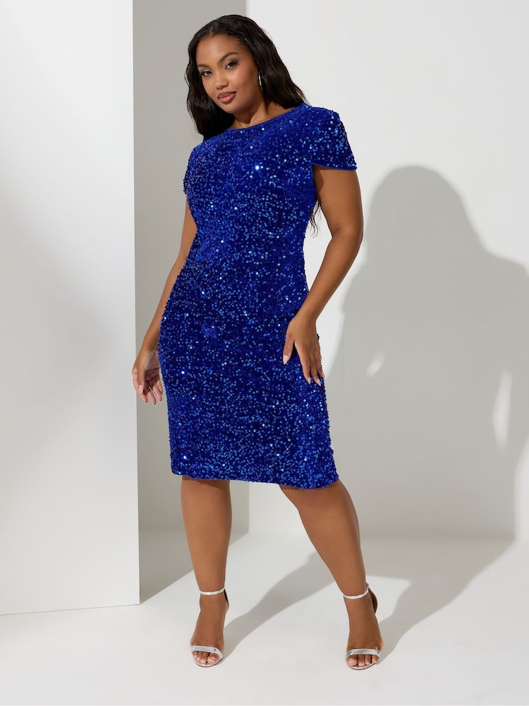 modra - Yours Curve London bleščice; z bleščicami Velvet Shift obleka - Slika 2 iz 4