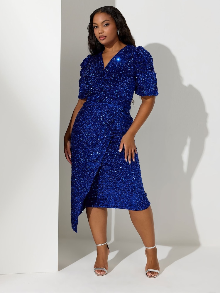 Yours Curve Blue London Sequin Velvet Wrap Dress - Image 1 of 4 Yours Curve Blue London Sequin Velvet Wrap Dress - Image 1 of 4