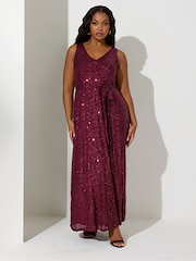 Yours Curve Red London Sequin V-Neck Maxi Dress - Image 1 of 4