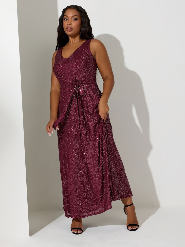 Yours Curve Red London Sequin V-Neck Maxi Dress - Image 2 of 4