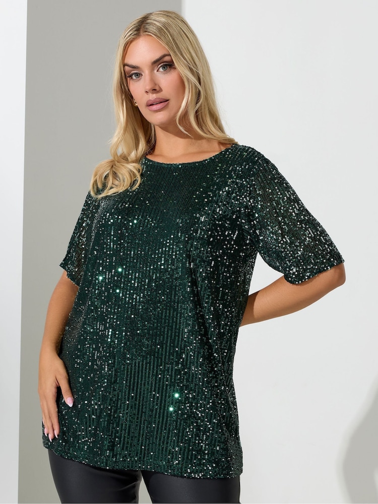 Yours Curve Green London Sequin Swing Top - Image 1 of 4 Yours Curve Green London Sequin Swing Top - Image 1 of 4