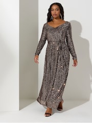 Yours Curve Gold London Sequin V-Neck Long Sleeve Maxi Dress - Image 1 of 4