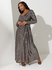 Yours Curve Gold London Sequin V-Neck Long Sleeve Maxi Dress - Image 2 of 4