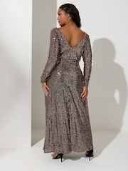 Yours Curve Gold London Sequin V-Neck Long Sleeve Maxi Dress - Image 3 of 4