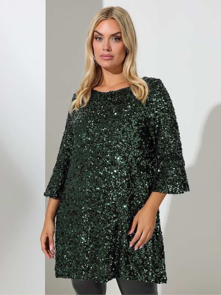 Yours Curve Green London Sequin Flute Sleeve Top - Image 1 of 4 Yours Curve Green London Sequin Flute Sleeve Top - Image 1 of 4