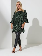 Yours Curve Green London Sequin Flute Sleeve Top - Image 2 of 4