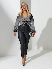Yours Curve Silver London Sequin Ombre Wrap Bodysuit - Image 2 of 4