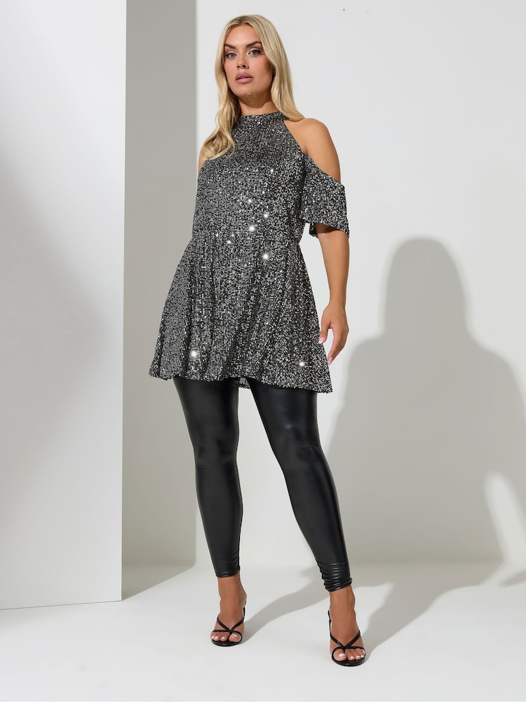 Yours Curve Silver Sequin Cold Shoulder Peplum Top - Image 2 of 4