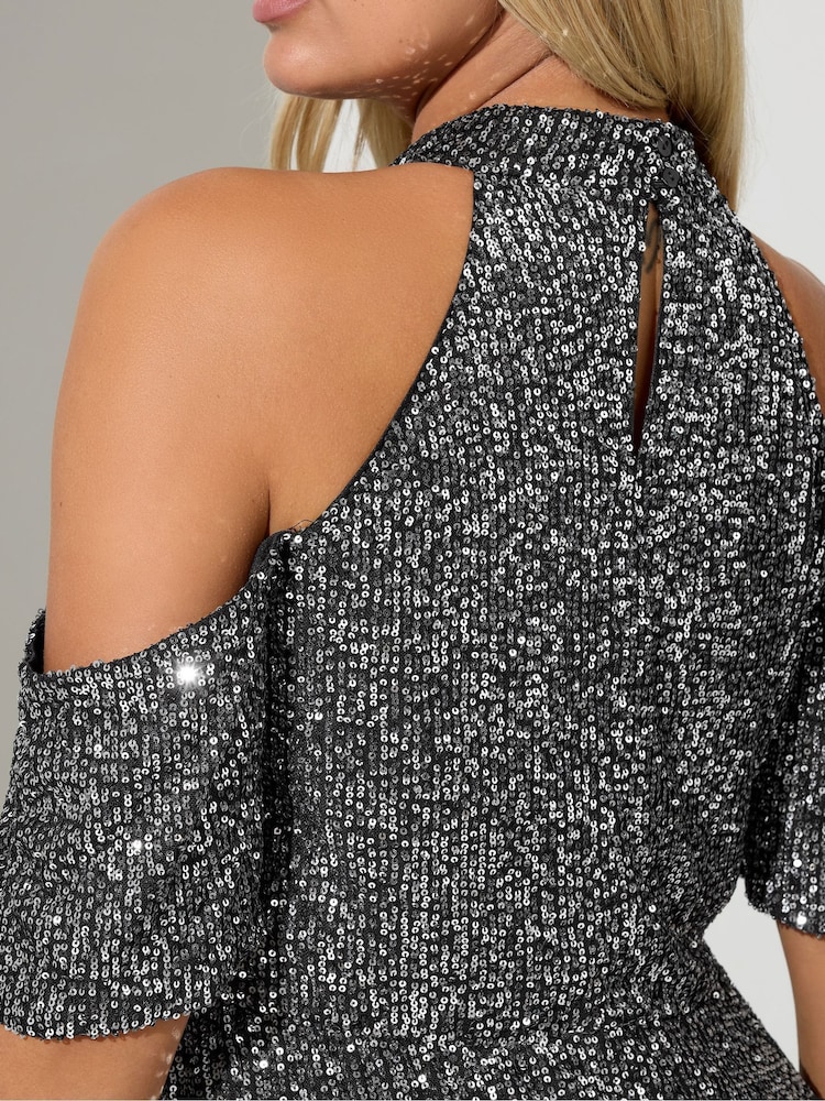 Yours Curve Silver Sequin Cold Shoulder Peplum Top - Image 4 of 4 Yours Curve Silver Sequin Cold Shoulder Peplum Top - Image 4 of 4
