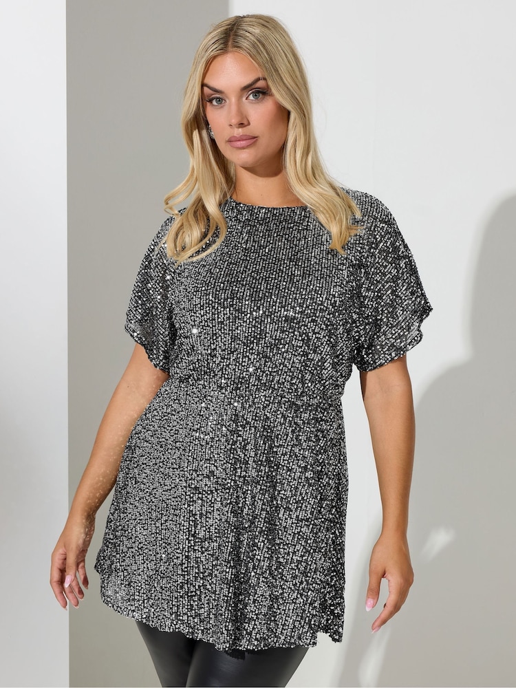 Yours Curve Silver London Sequin Peplum Top - Image 1 of 4