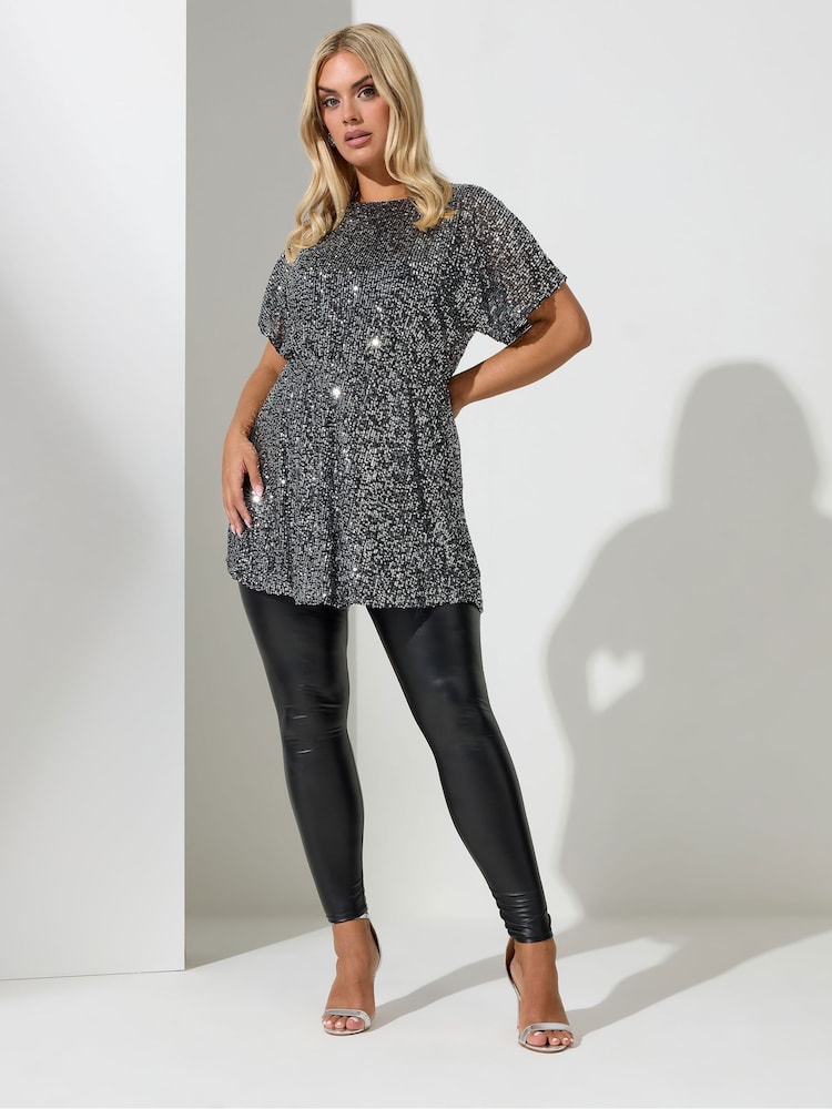 Yours Curve Silver London Sequin Peplum Top - Image 2 of 4