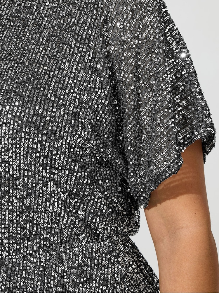 Yours Curve Silver London Sequin Peplum Top - Image 4 of 4 Yours Curve Silver London Sequin Peplum Top - Image 4 of 4