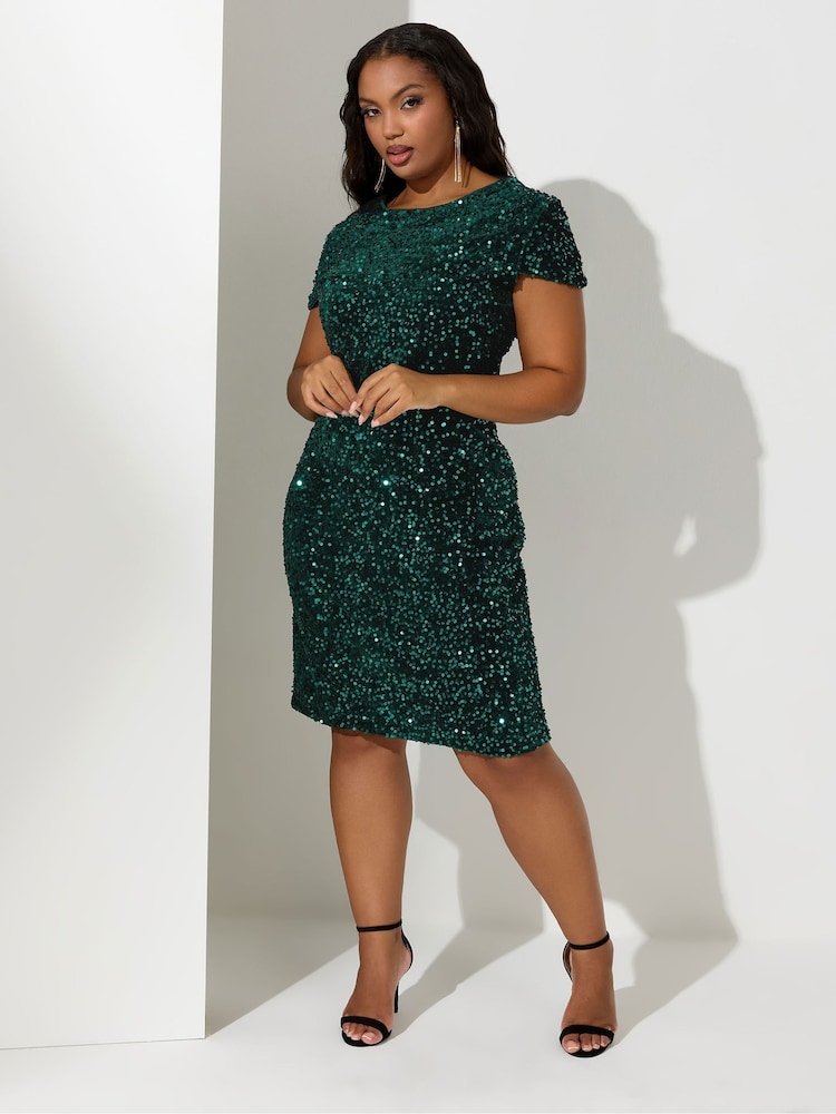 Yours Curve Green London Sequin Velvet Shift Dress - Image 1 of 4 Yours Curve Green London Sequin Velvet Shift Dress - Image 1 of 4