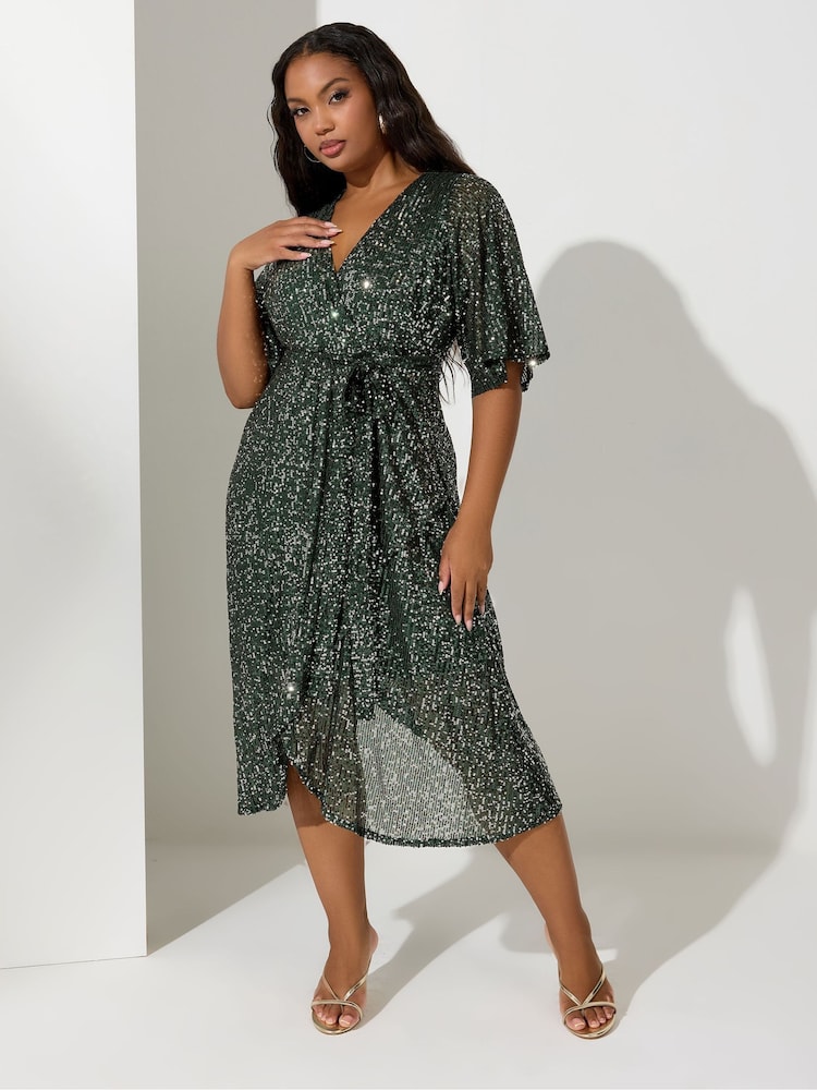 Yours Curve Green London Sequin Wrap Dress - Image 1 of 4