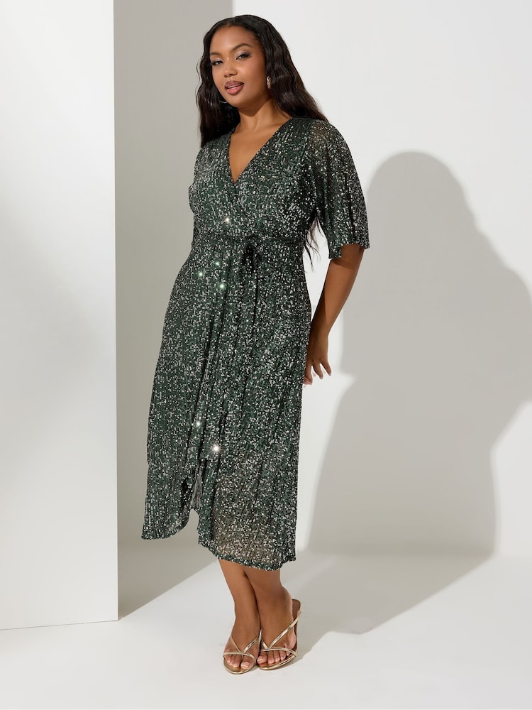 Yours Curve Green London Sequin Wrap Dress - Image 2 of 4