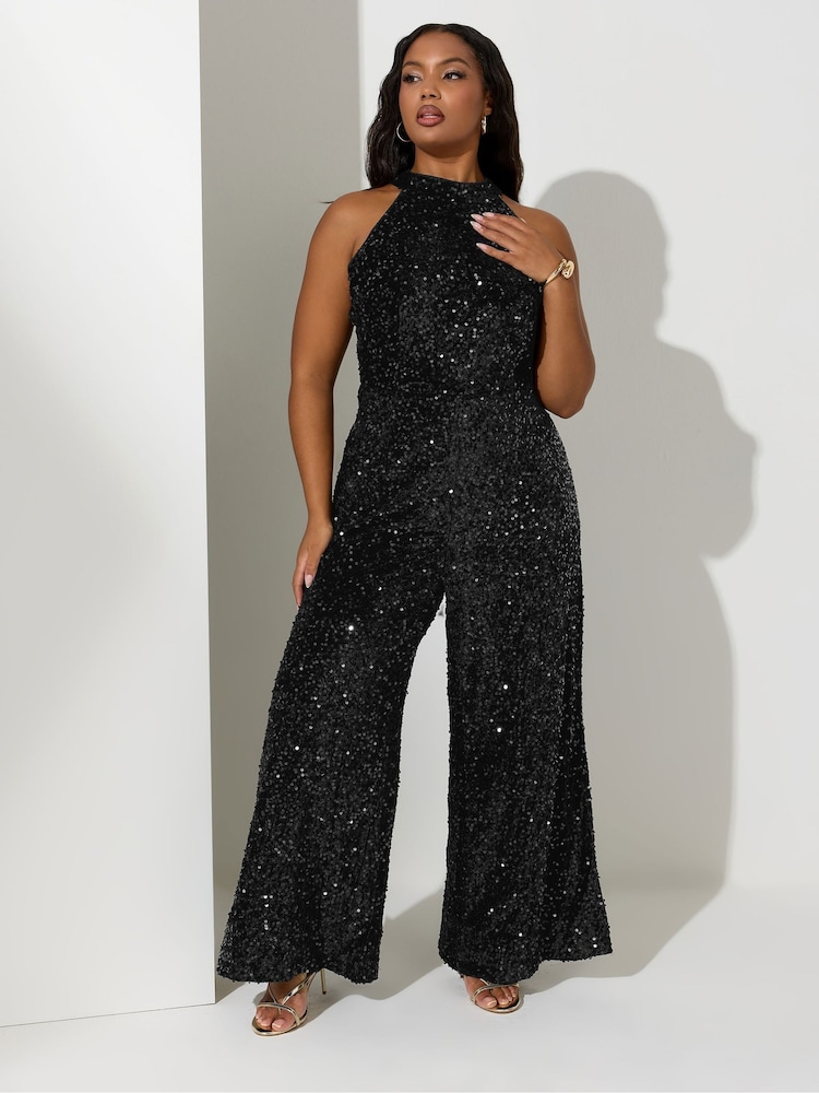 Yours Curve London Sequin Velvet Choker Jumpsuit - صورة 2 من 4 Yours Curve London Sequin Velvet Choker Jumpsuit - صورة 2 من 4