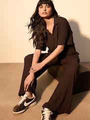 Chocolate Brown Textured Wide Leg Trousers - Image 2 of 9