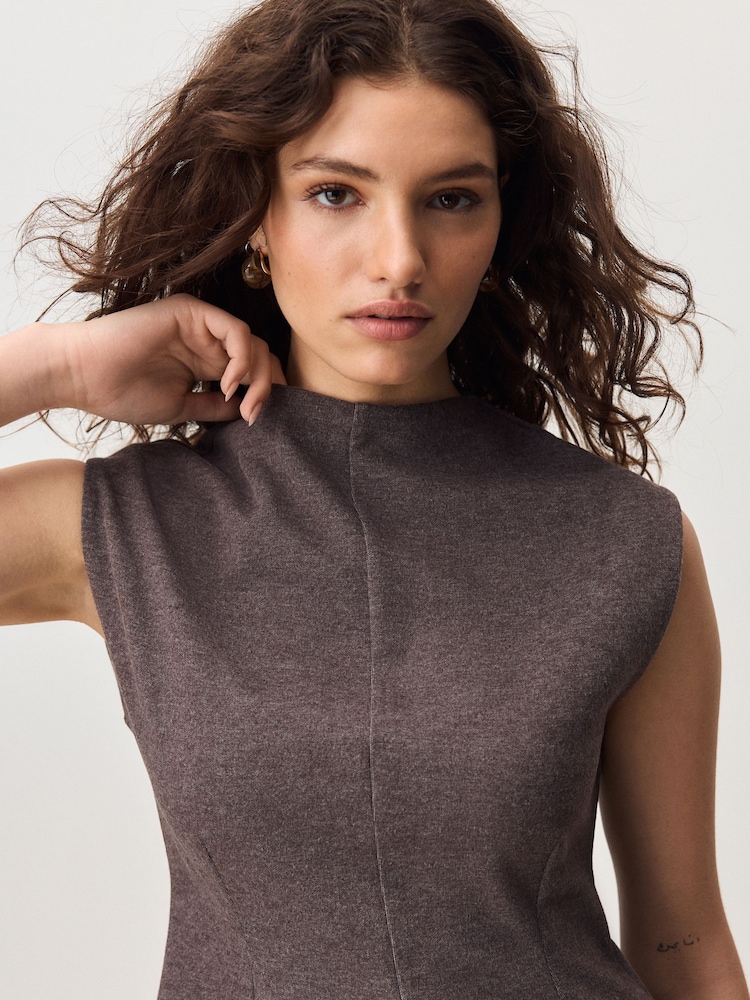 Taupe Woolen Look Cinched Sleeveless Top - Image 1 of 10