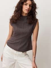 Taupe Woolen Look Cinched Sleeveless Top - Image 7 of 10