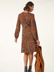 Roman Brown Abstract Print Gathered Stretch Dress - Image 3 of 5