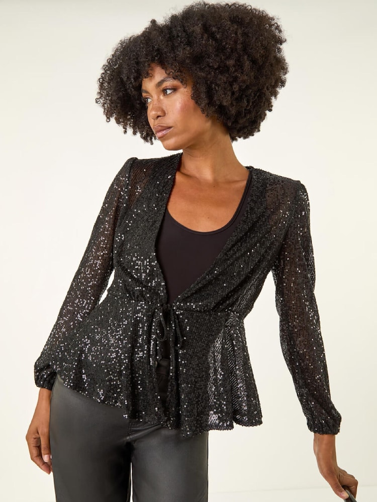 Roman Black Sequin Tie Front Stretch Cardigans - Image 1 of 5