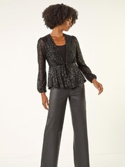 Roman Black Sequin Tie Front Stretch Cardigans - Image 2 of 5