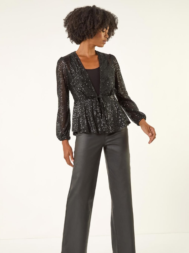 Roman Black Sequin Tie Front Stretch Cardigans - Image 2 of 5
