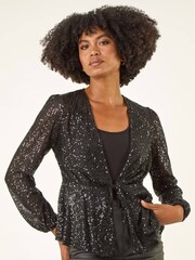 Roman Black Sequin Tie Front Stretch Cardigans - Image 4 of 5