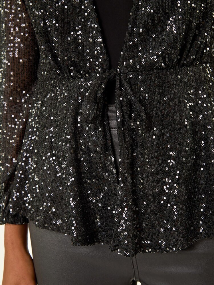 Roman Black Sequin Tie Front Stretch Cardigans - Image 5 of 5