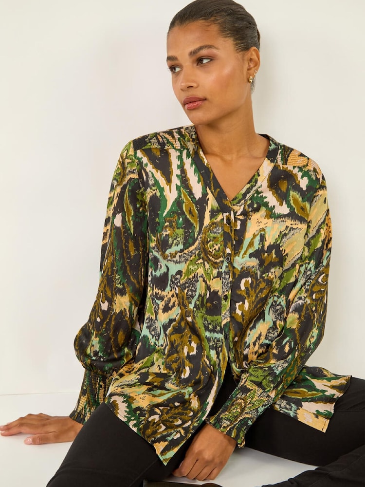 Roman Green Abstract Print Foil Shirt - Image 1 of 5 Roman Green Abstract Print Foil Shirt - Image 1 of 5