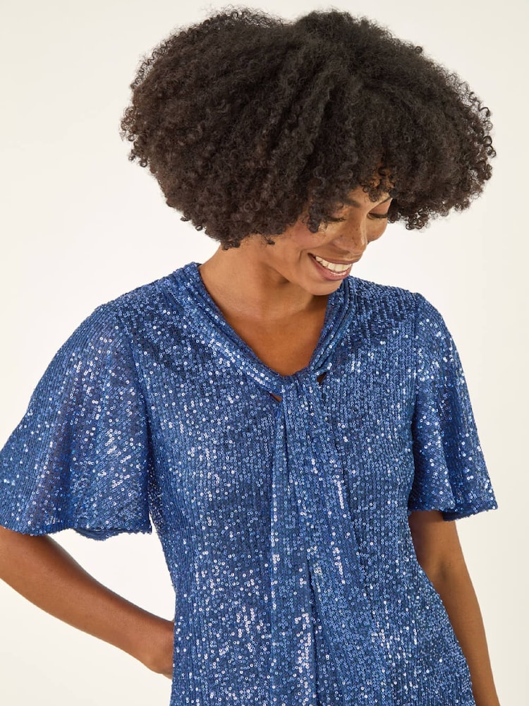 Roman Blue Sequin Tie Neck T-Shirt - Image 1 of 5 Roman Blue Sequin Tie Neck T-Shirt - Image 1 of 5