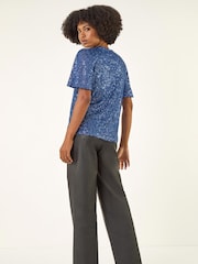 Roman Blue Sequin Tie Neck T-Shirt - Image 3 of 5