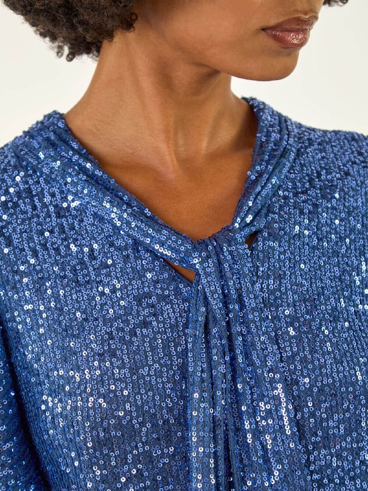 Roman Blue Sequin Tie Neck T-Shirt - Image 5 of 5 Roman Blue Sequin Tie Neck T-Shirt - Image 5 of 5