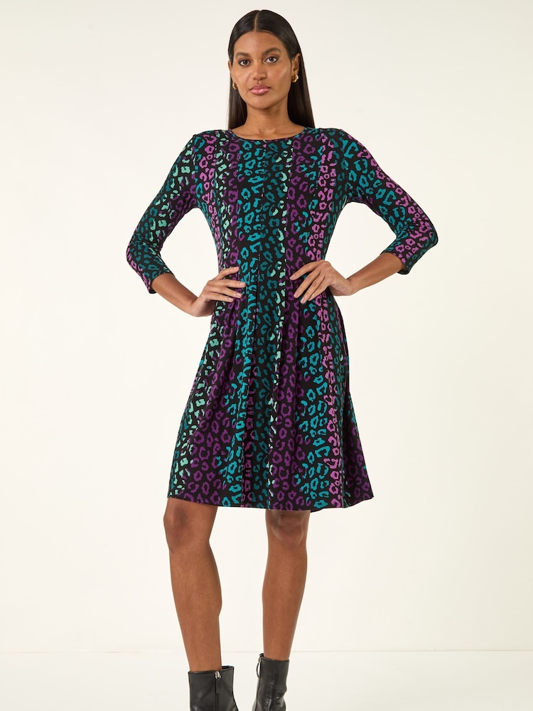 Roman Blue Animal Print Panel Stretch Dress - Image 1 of 4 Roman Blue Animal Print Panel Stretch Dress - Image 1 of 4