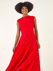 Roman Red High Neck Pleated Midi Dress - Image 4 of 5