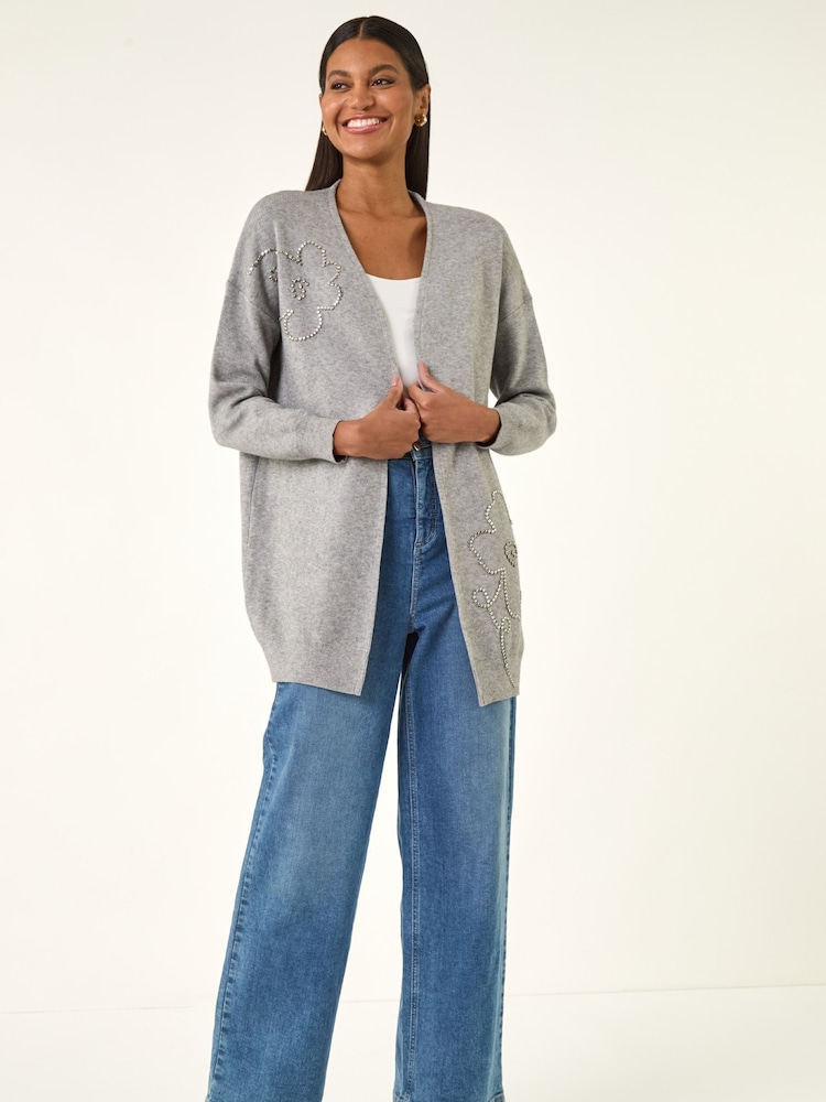 Roman Grey Floral Embellished Knit Cardigan - Image 2 of 5 Roman Grey Floral Embellished Knit Cardigan - Image 2 of 5