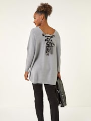 Roman Grey Animal Print Eyelet Back Knit Jumper - Image 3 of 5