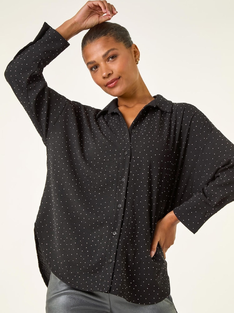 Roman Black Hotfix Collared Longline Shirt - Image 1 of 5