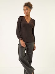 Roman Brown Brillo Sequin V-Neck Blouse - Image 2 of 5