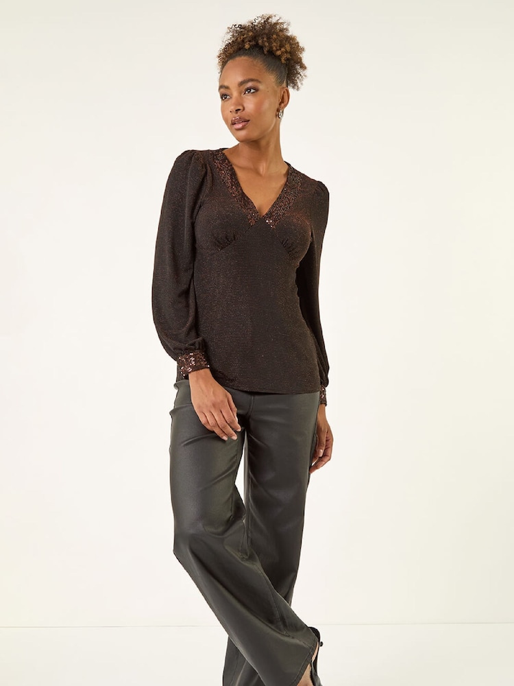 Roman Brown Brillo Sequin V-Neck Blouse - Image 2 of 5 Roman Brown Brillo Sequin V-Neck Blouse - Image 2 of 5