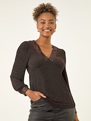Roman Brown Brillo Sequin V-Neck Blouse - Image 4 of 5
