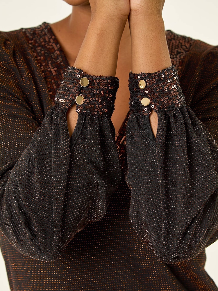 Roman Brown Brillo Sequin V-Neck Blouse - Image 5 of 5 Roman Brown Brillo Sequin V-Neck Blouse - Image 5 of 5