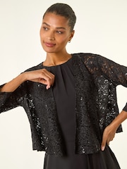Roman Black Glitter Sequin Lace Cardigan Top - Image 1 of 5