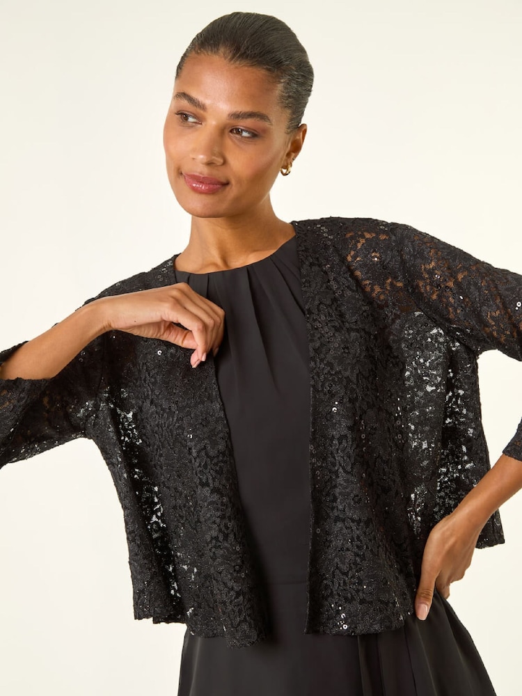 Roman Black Glitter Sequin Lace Cardigan Top - Image 1 of 5 Roman Black Glitter Sequin Lace Cardigan Top - Image 1 of 5