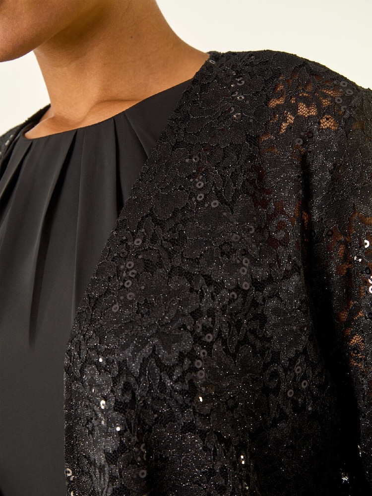 Roman Black Glitter Sequin Lace Cardigan Top - Image 5 of 5 Roman Black Glitter Sequin Lace Cardigan Top - Image 5 of 5