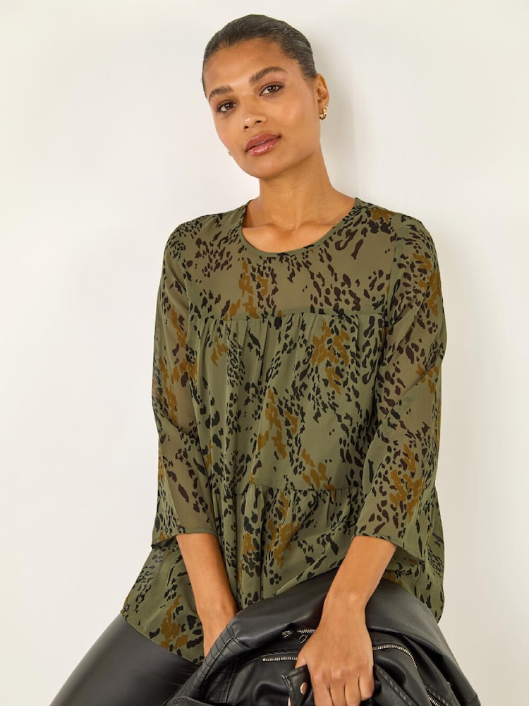 Roman Green Speckled Print Tiered Blouse - Image 1 of 5 Roman Green Speckled Print Tiered Blouse - Image 1 of 5