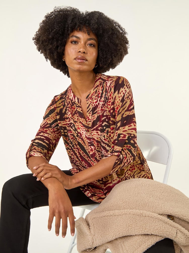 Roman Red Animal Print Pintuck Blouse - Image 1 of 5 Roman Red Animal Print Pintuck Blouse - Image 1 of 5