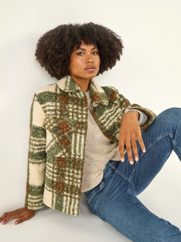 Roman Green Check Print Button Borg Jacket - Image 1 of 5 Roman Green Check Print Button Borg Jacket - Image 1 of 5