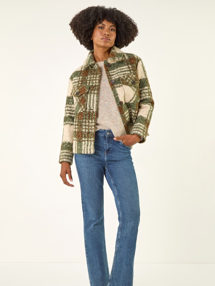 Roman Green Check Print Button Borg Jacket - Image 2 of 5 Roman Green Check Print Button Borg Jacket - Image 2 of 5